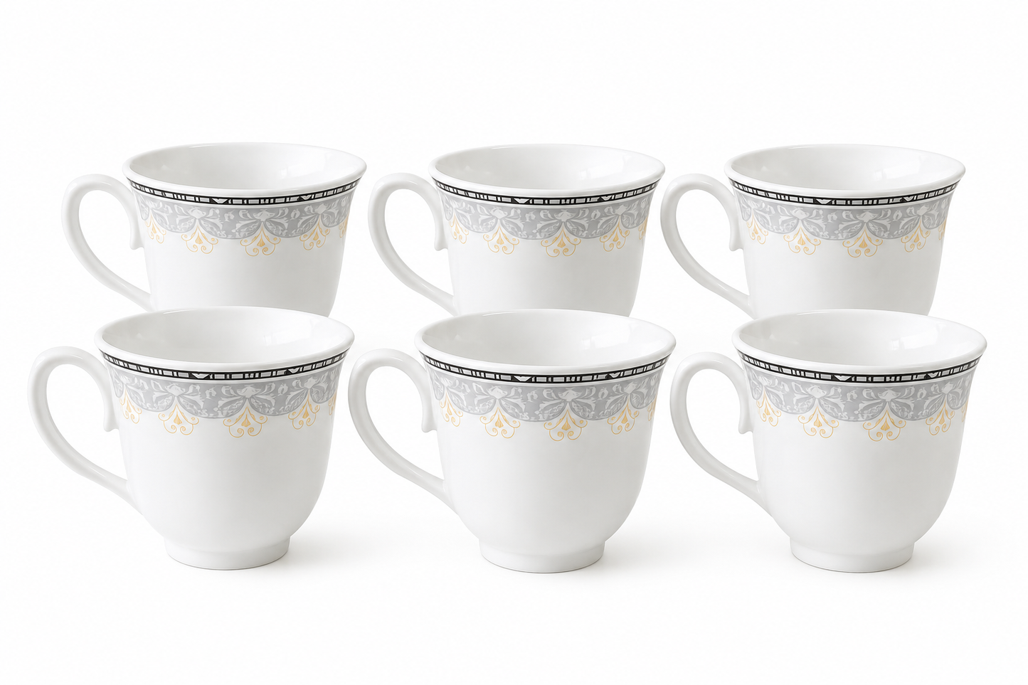 6 x Porcelain Tea Coffee Cups 8.5cm White Gold Grey Mug Set Latte Cappuccino Cup