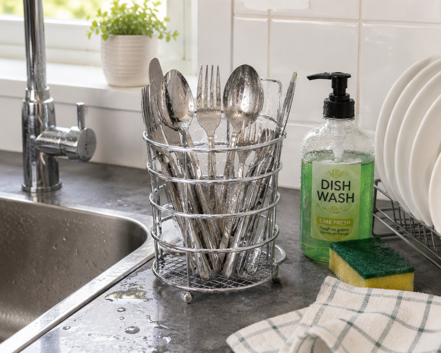 Chrome Cutlery Drainer Rack Spoon Fork Storage Basket Dining Table Café 21x12cm