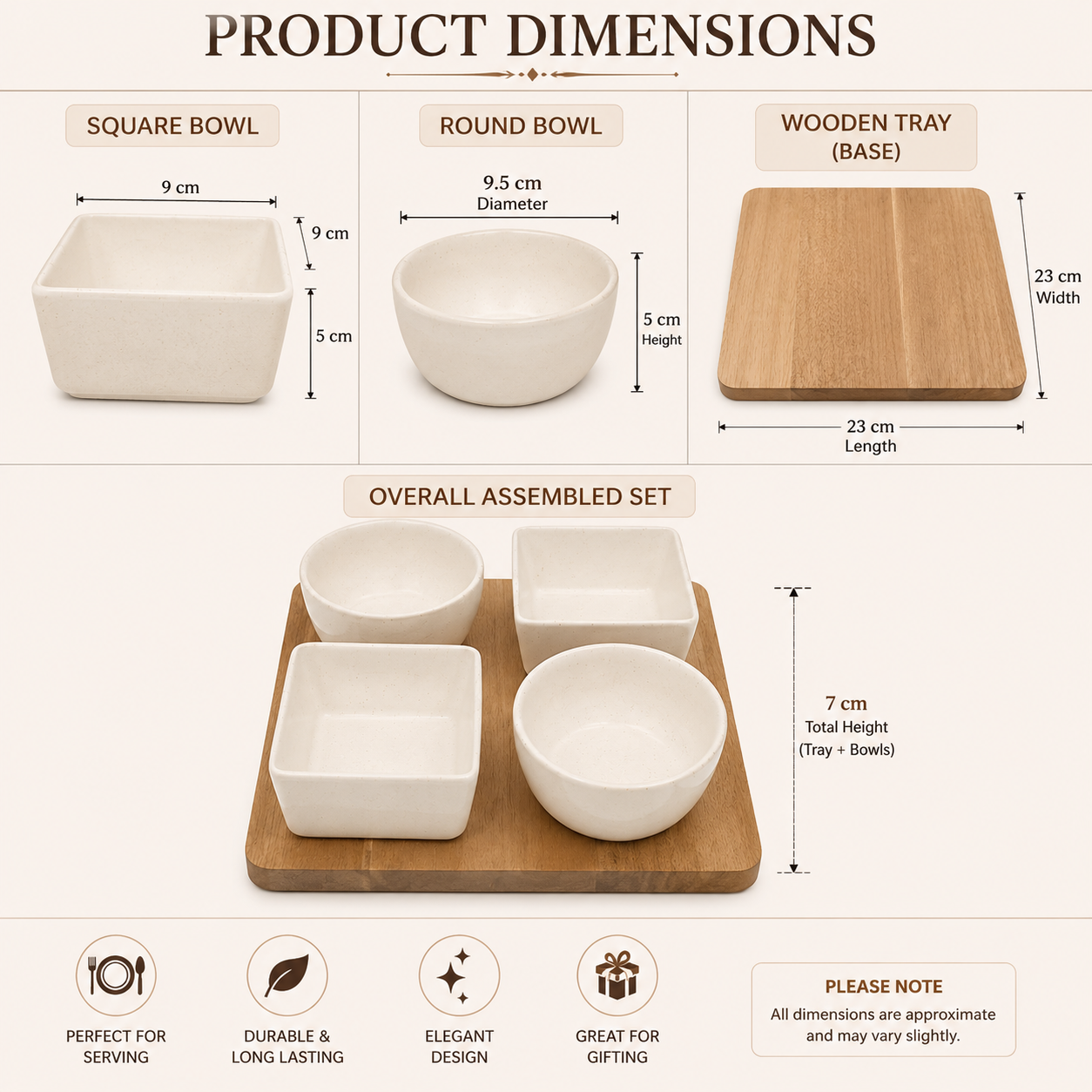 4Pc Ceramic Snack Bowls with Wooden Tray Dip Sauce Condiment Serving Set 23X23X7