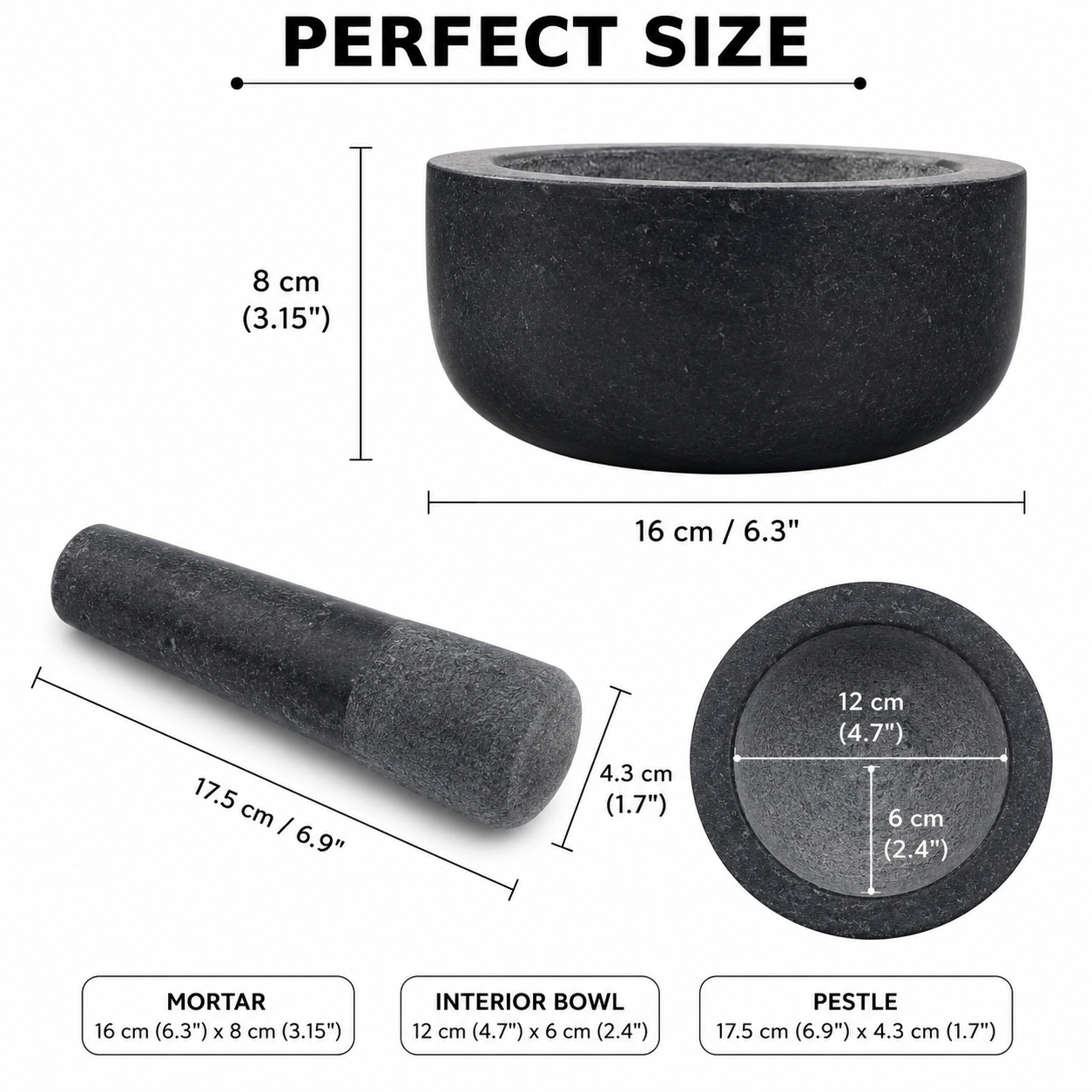 Granite Pestle & Mortar Set 16cm Black Stone Spice Herb Grinder Kitchen Crusher