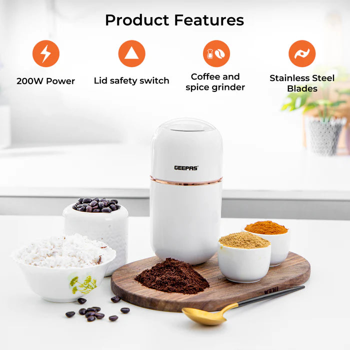 Geepas White Capsule Press-Down Coffee Grinder & Mixer Grinder - 80g