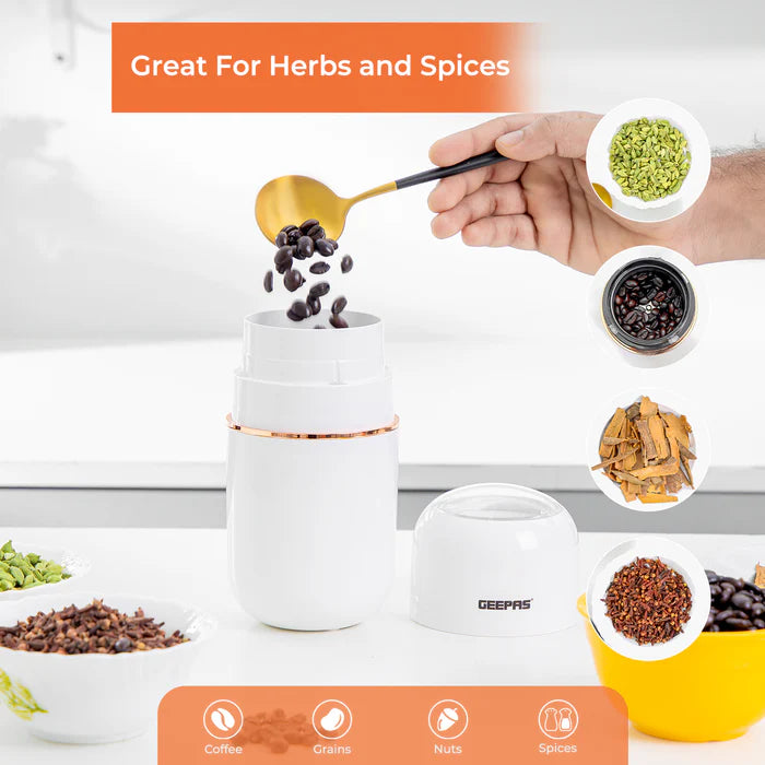 Geepas White Capsule Press-Down Coffee Grinder & Mixer Grinder - 80g