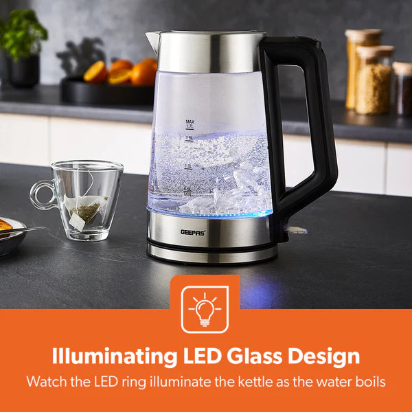 Geepas Illuminated LED Electric Clear Glass Kettle - 1.7L