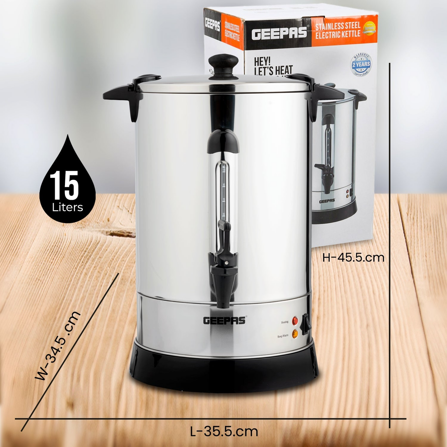 Geepas 15L Stainless Steel Water Boiler and Hot Water Urn - 1650W