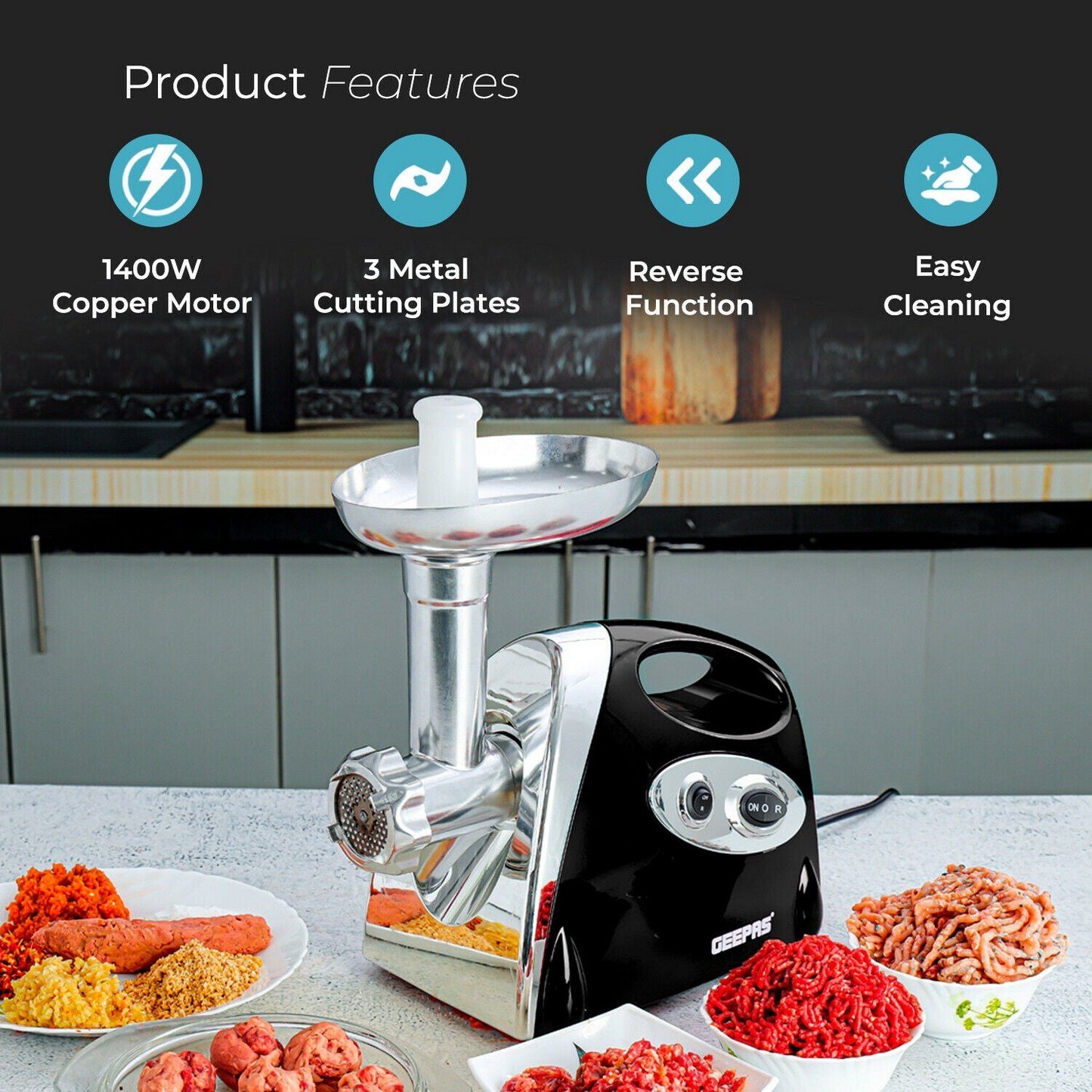 Geepas 3-in-1 Electric Meat Grinder, Mincer, and Sausage Maker