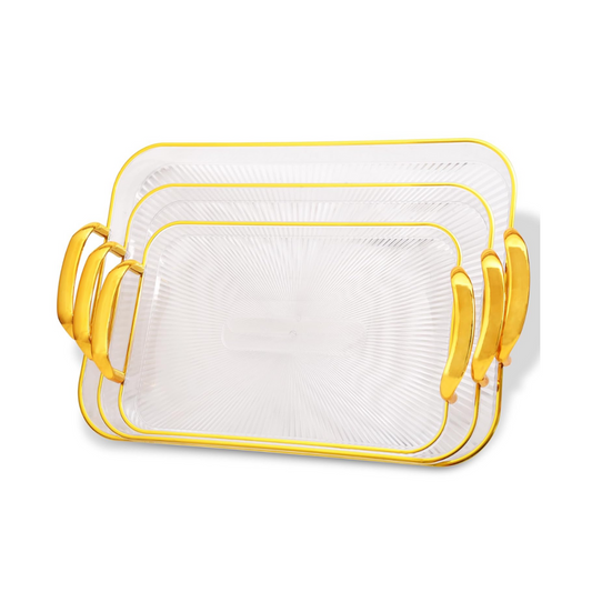 Set of 3 Elegant Rectangular Plastic Serving Trays with Golden Rim Border