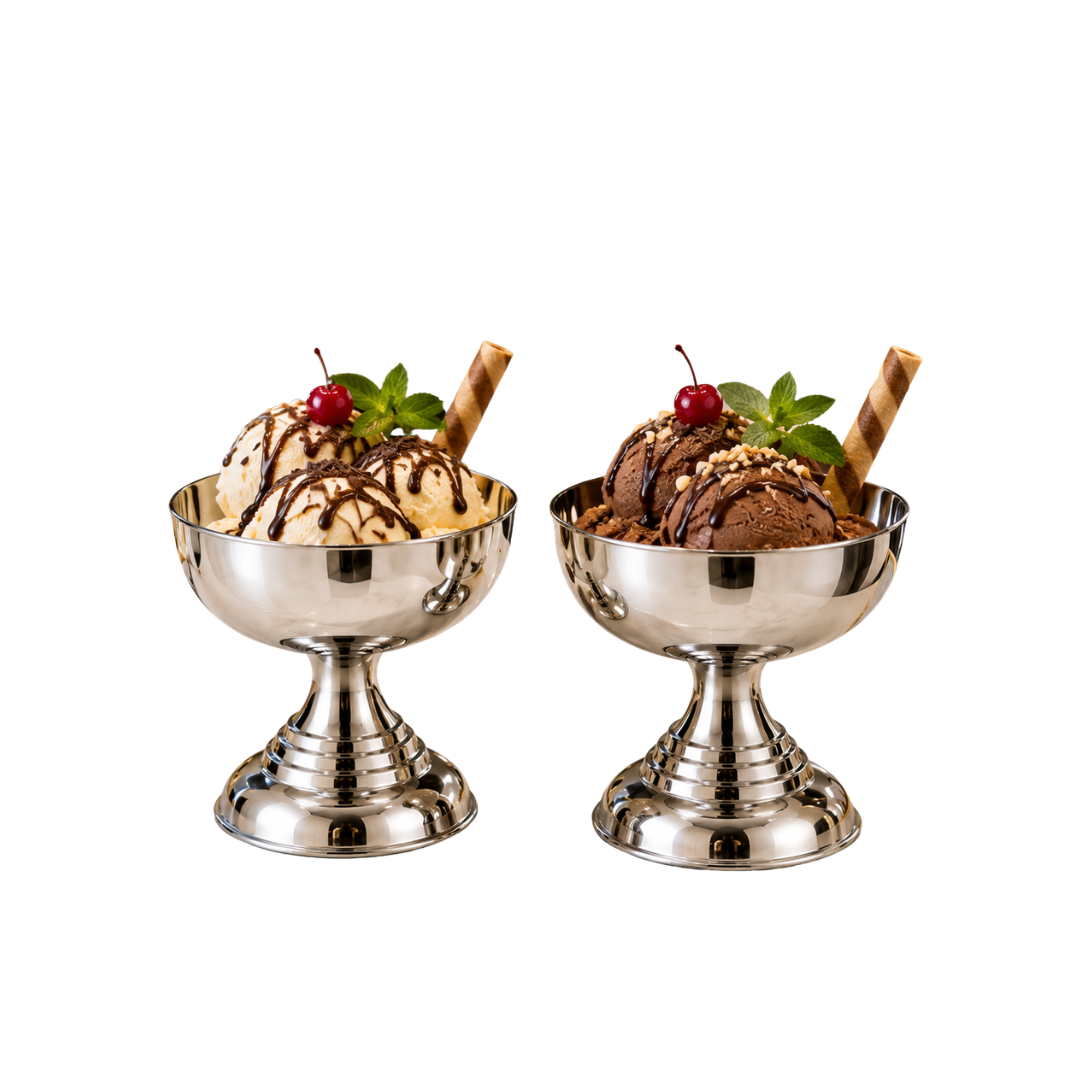 2 x Stainless Steel Ice Cream Dessert Bowls 9.5cm Mirror Finish Sundae Cups