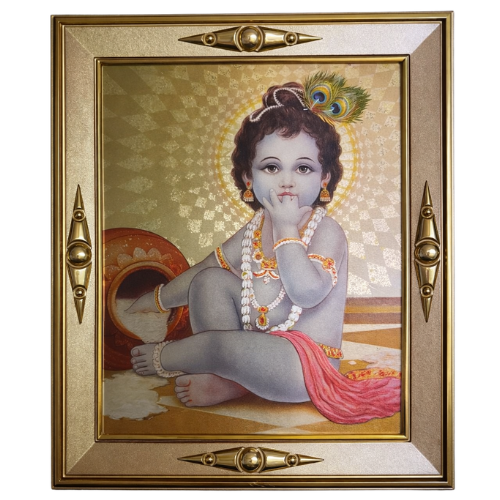 Laddu Gopal Baby Krishna Frame Gold Hindu God Photo Home Mandir Decor 19x17cm