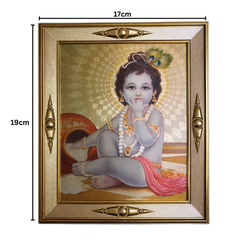 Laddu Gopal Baby Krishna Frame Gold Hindu God Photo Home Mandir Decor 19x17cm
