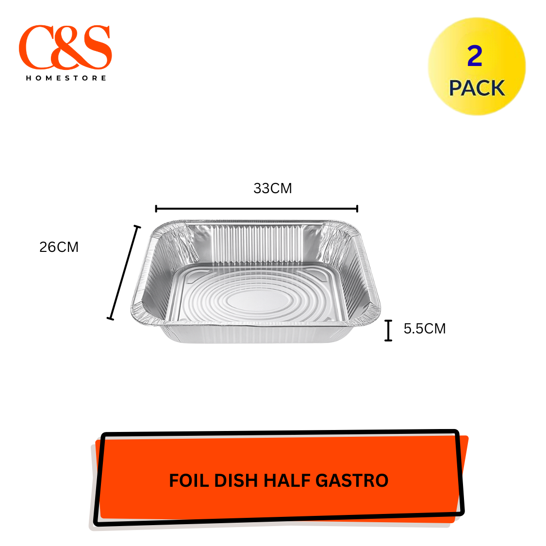 2 x Square Foil Dish Half Gastro 33x26x5.5cm 3L Aluminium Catering Trays Baking
