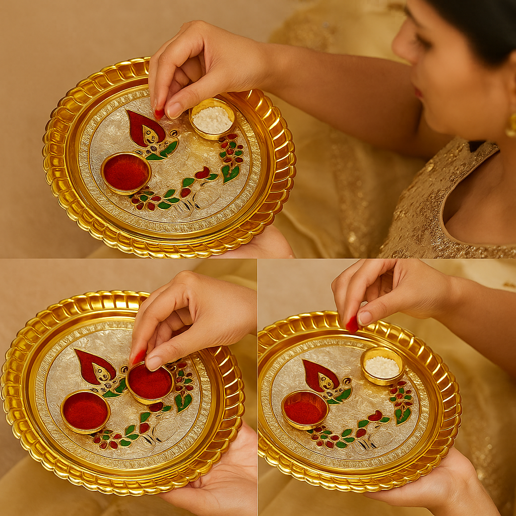 C&S Homestore Acrylic Flower Designer Pooja Thali Set with 2 Small Katoris – Gold Plated 8 Inch Diwali Puja Thali for Home Décor, Aarti, Gifting & Festivals