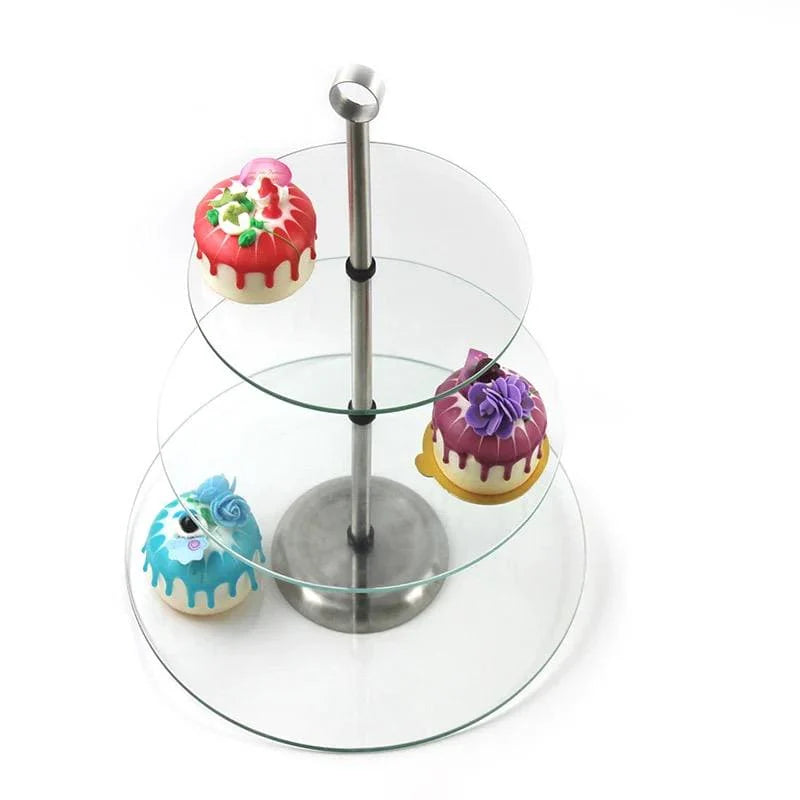 Royal Cuisine 3-Tier Glass Cake Stand with Stainless Steel Handle