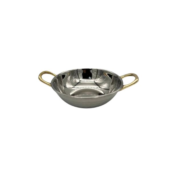 Medium Stainless Steel Serving Dish With Brass Handle - Hamered