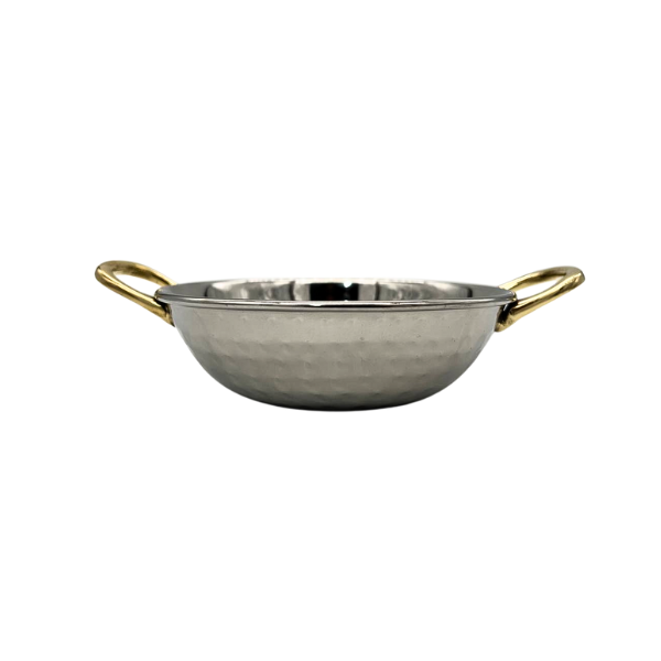 Large Stainless Steel Serving Dish With Brass Handle - Hamered