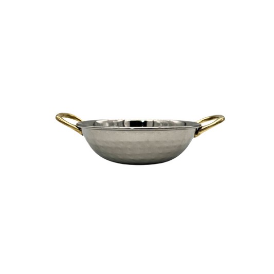 Medium Stainless Steel Serving Dish With Brass Handle - Hamered