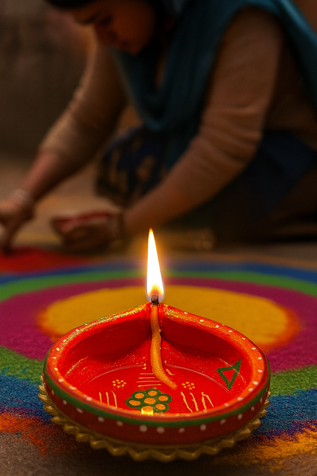 Clay Diya Handmade Painted Red & Green Earthen Oil Lamp for Puja & Diwali