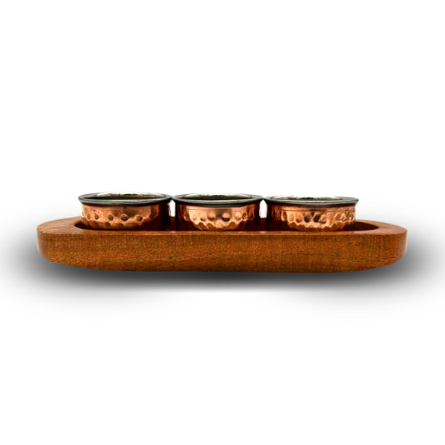 Wooden Base Serving Dish with 3 Copper and Stainless Steel Bowls