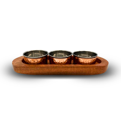 Wooden Base Serving Dish with 3 Copper and Stainless Steel Bowls