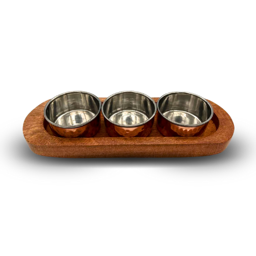 Wooden Base Serving Dish with 3 Copper and Stainless Steel Bowls