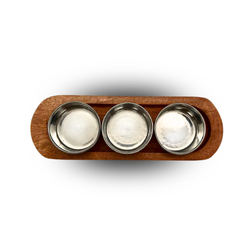 Wooden Base Serving Dish with 3 Copper and Stainless Steel Bowls