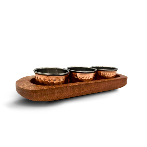 Wooden Base Serving Dish with 3 Copper and Stainless Steel Bowls