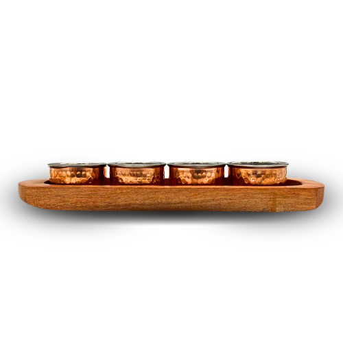 Wooden Base Serving Dish with 4 Copper and Stainless Steel Bowls