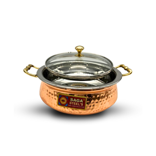 Medium Copper and Stainless Steel Serving Dish with Glass Lid - 17CM