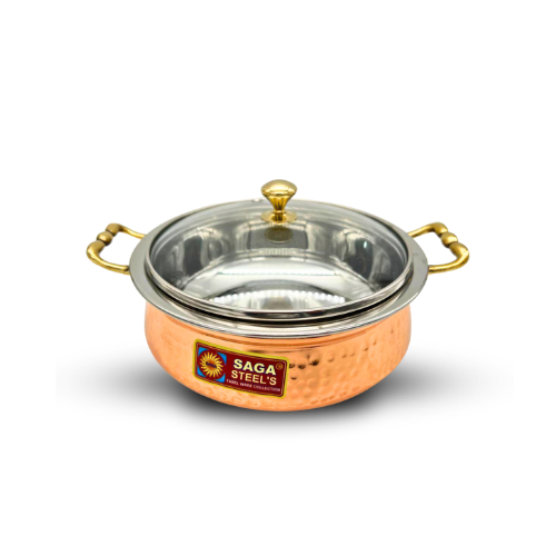 Medium Copper and Stainless Steel Serving Dish with Glass Lid - 17CM