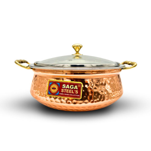 Large Copper and Stainless Steel Serving Dish with Glass Lid - 28CM