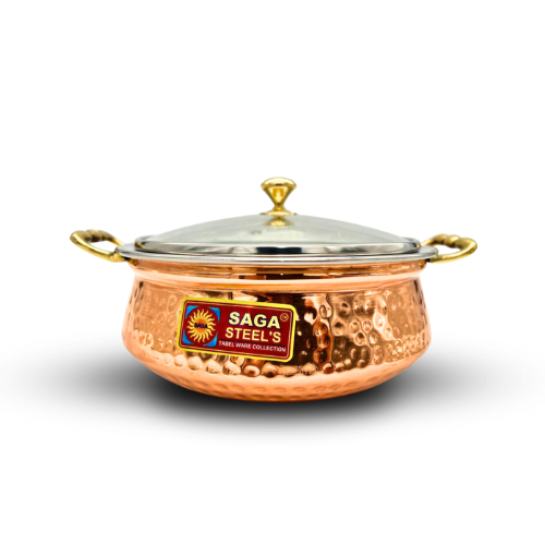 Copper and Stainless Steel Serving Dish with Glass Lid - 20CM