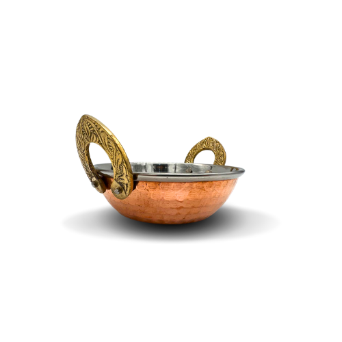 Medium Copper and Stainless Steel Serving Dish with V Handle