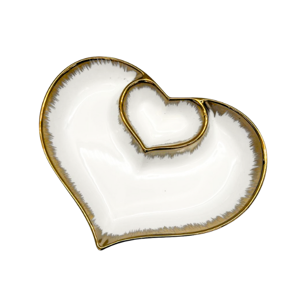 Strong White and Gold Crockery Small Heart-Shaped Serving Tray with 2 Compartments