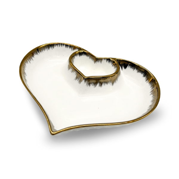 Strong White and Gold Crockery Small Heart-Shaped Serving Tray with 2 Compartments