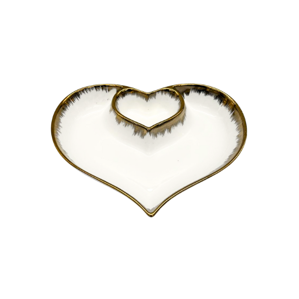 Strong White and Gold Crockery Small Heart-Shaped Serving Tray with 2 Compartments