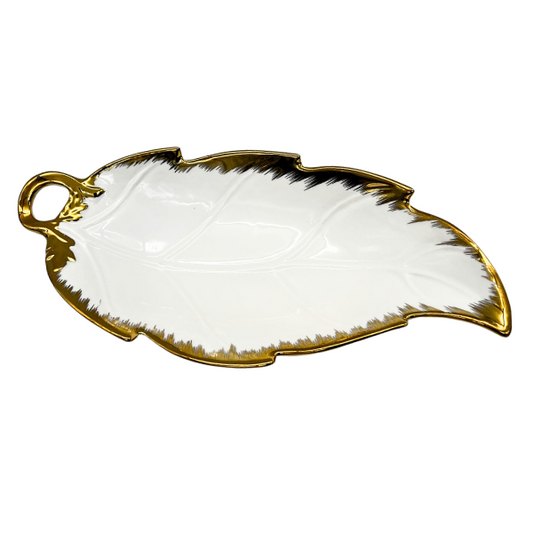 Strong Crockery White and Gold Leaf Shape Medium Tray - 40CM