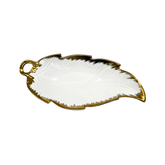 Strong White Crockery Tray with Gold Leaf Design - 36cm