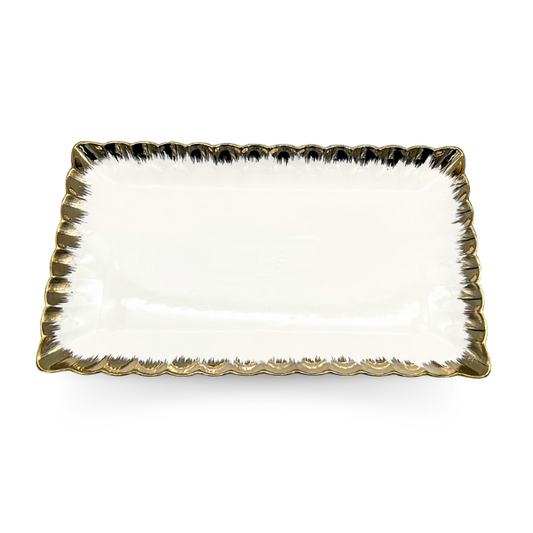 Elegant White and Gold Rectangle Tray with Durable Crockery - 37CM X 20CM