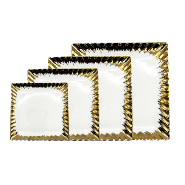 Strong White and Gold Crockery Set of 4 Square Plates