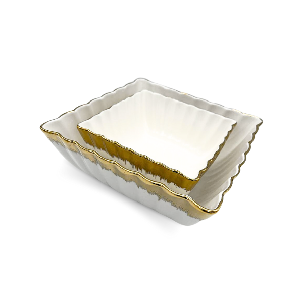 Strong White and Gold Crockery Set: 2 Small and Medium Square Bowls