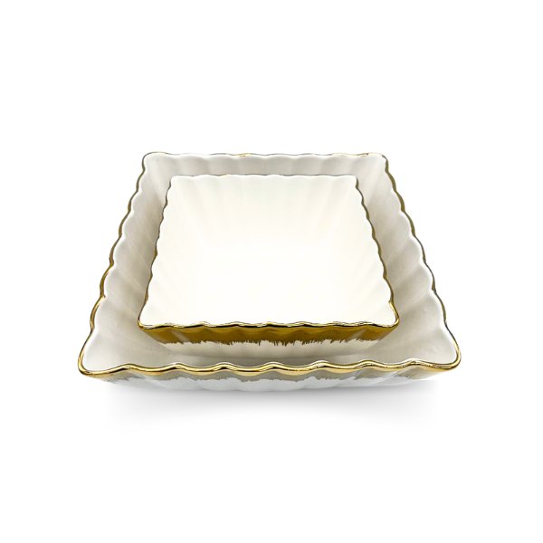 Strong White and Gold Crockery Set: 2 Small and Medium Square Bowls