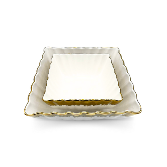 Strong White and Gold Crockery Set: 2 Small and Medium Square Bowls