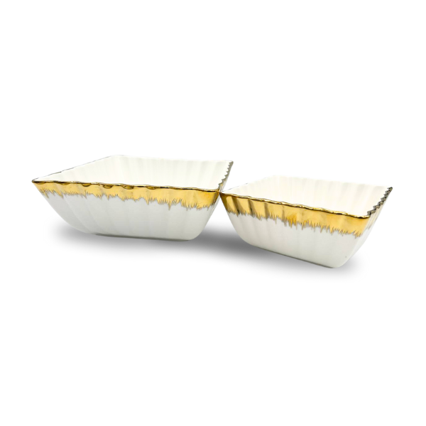 Strong White and Gold Crockery Set: 2 Small and Medium Square Bowls