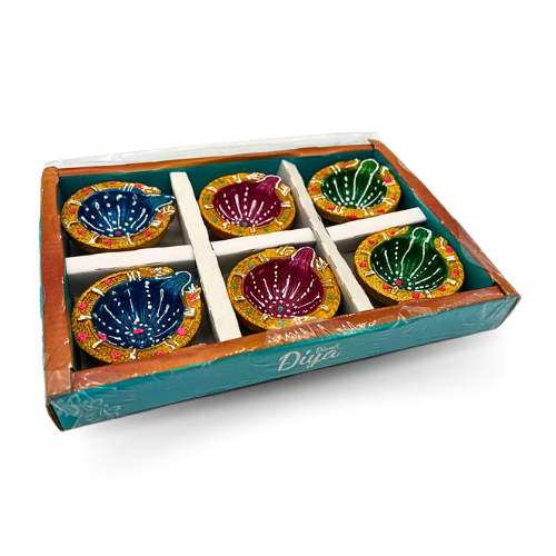 Set of 6 Handmade Traditional Multi-Color Diwali Diyas in Clay