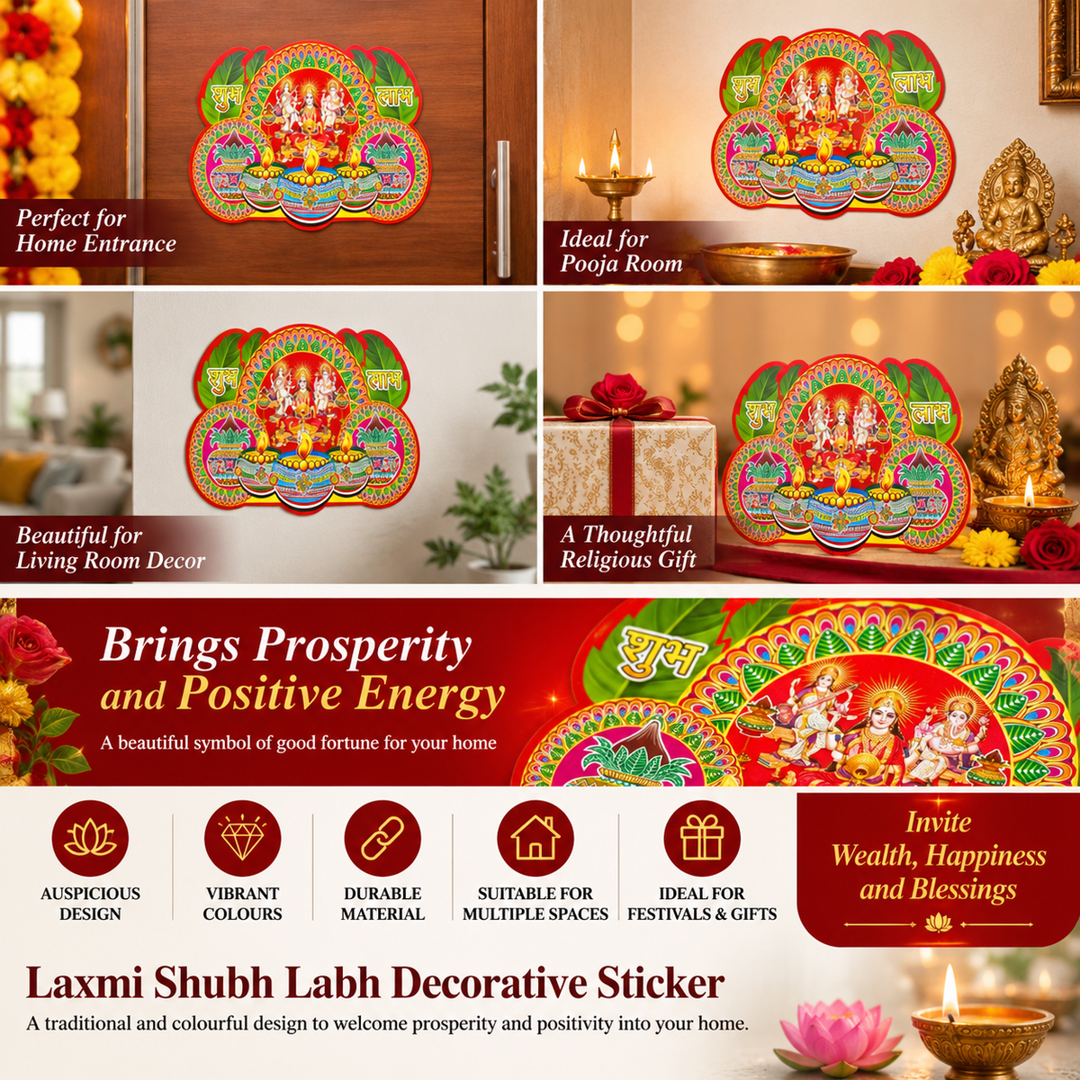 2 x Lakshmi Ganesh Saraswati Shubh Labh Diwali Stickers Door Wall 18x23.5cm