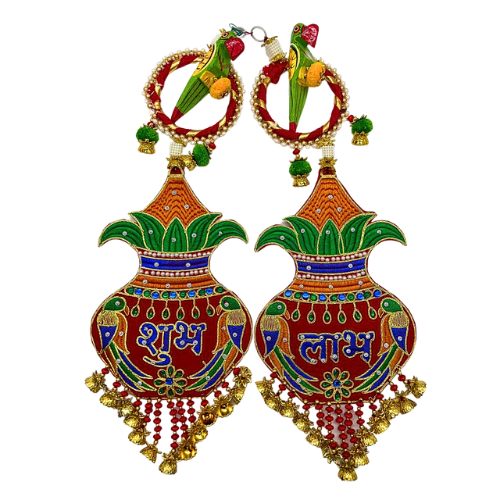 Diwali Decorations Double-Sided Toran with Shubh Labh and Wooden Parrot for Home Hanging Ornament