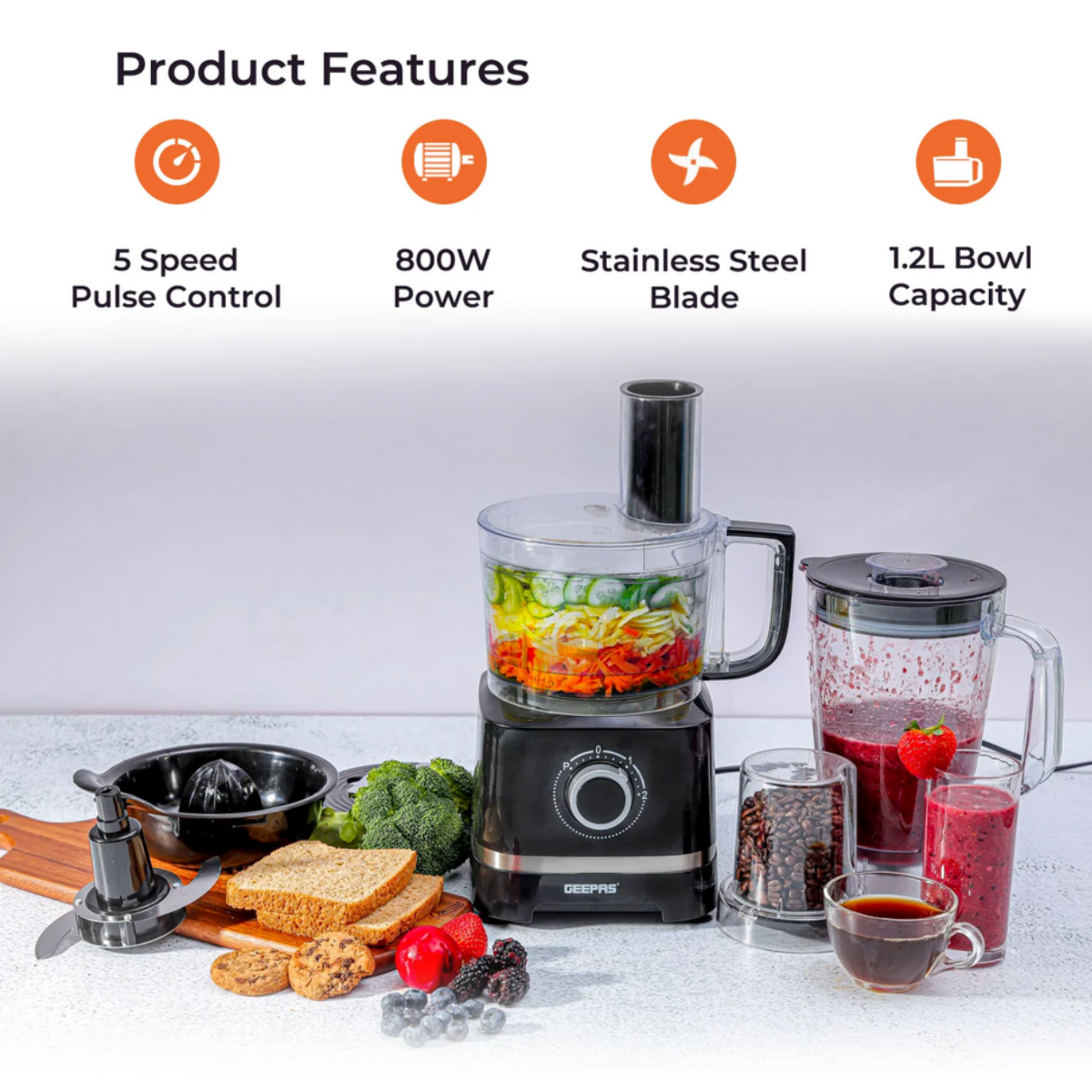 Geepas 10-In-1 Multifunctional Food Processor, Juicer, Mixer and Blender