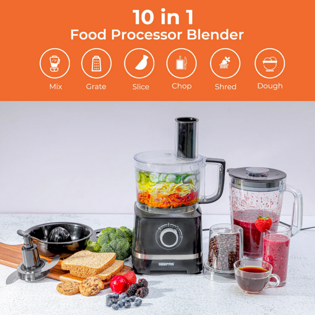Geepas 10-In-1 Multifunctional Food Processor, Juicer, Mixer and Blender
