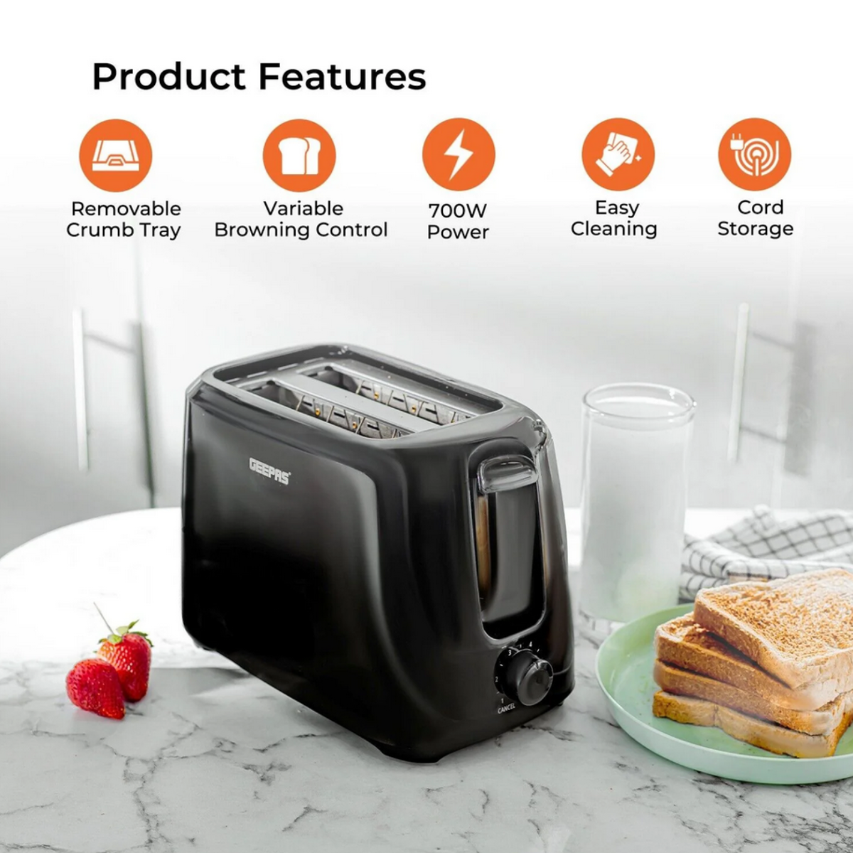 Geepas Black 2-Slice Toaster With Adjustable Browning Control