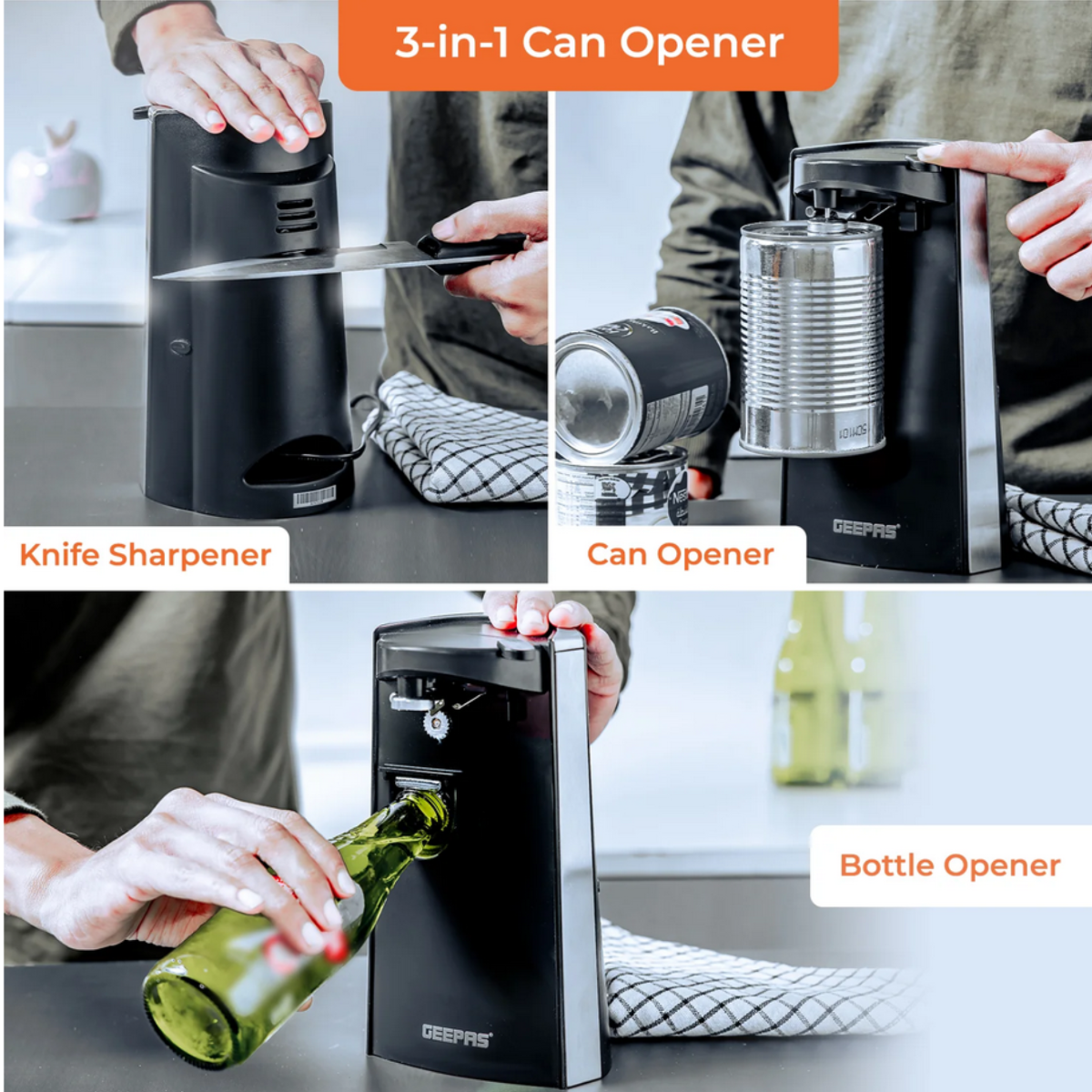 Geepas 3-in-1 Tool Knife Sharpener, Bottle and tin Opener