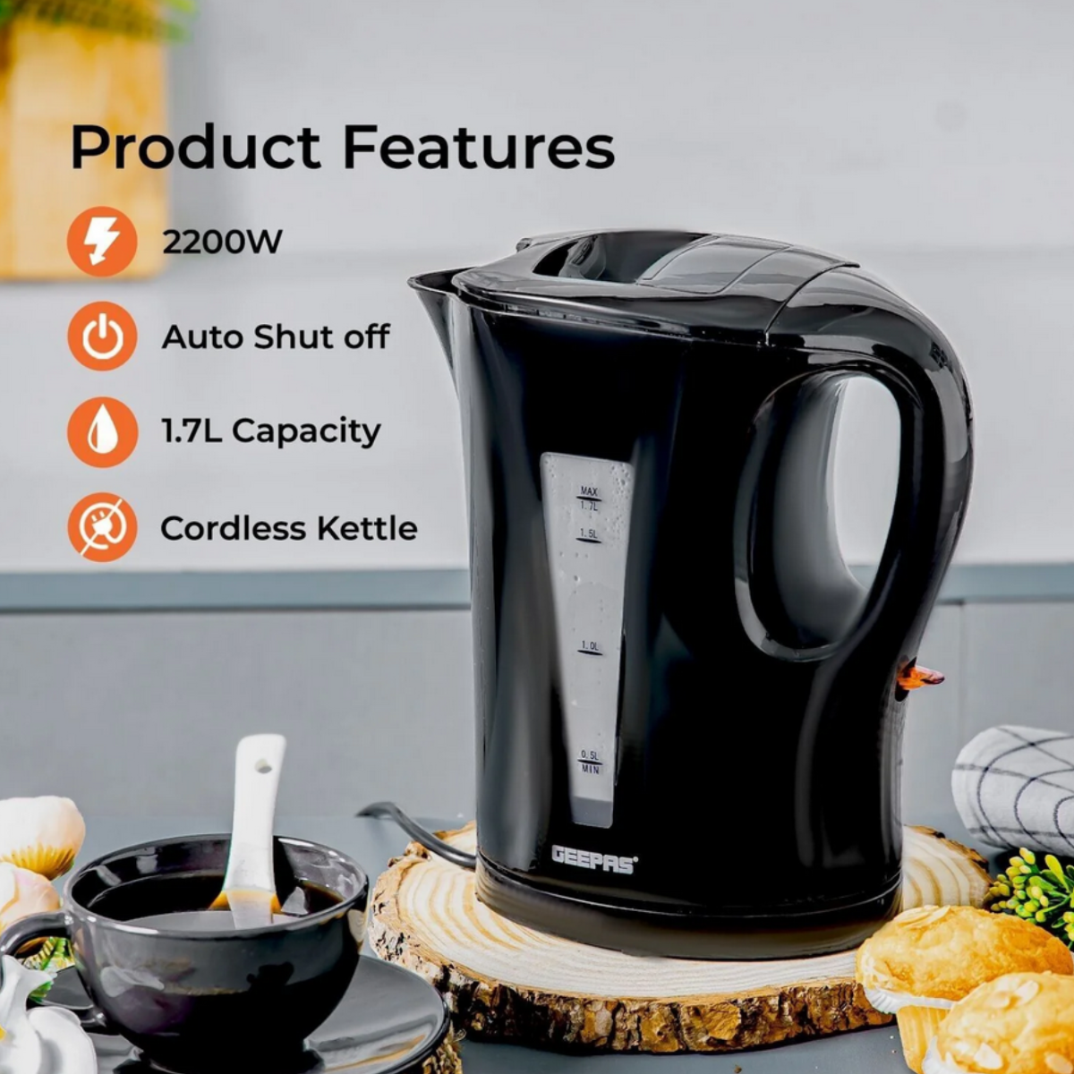 Geepas 1.7L Fast-Boil Cordless Black Electric Kettle